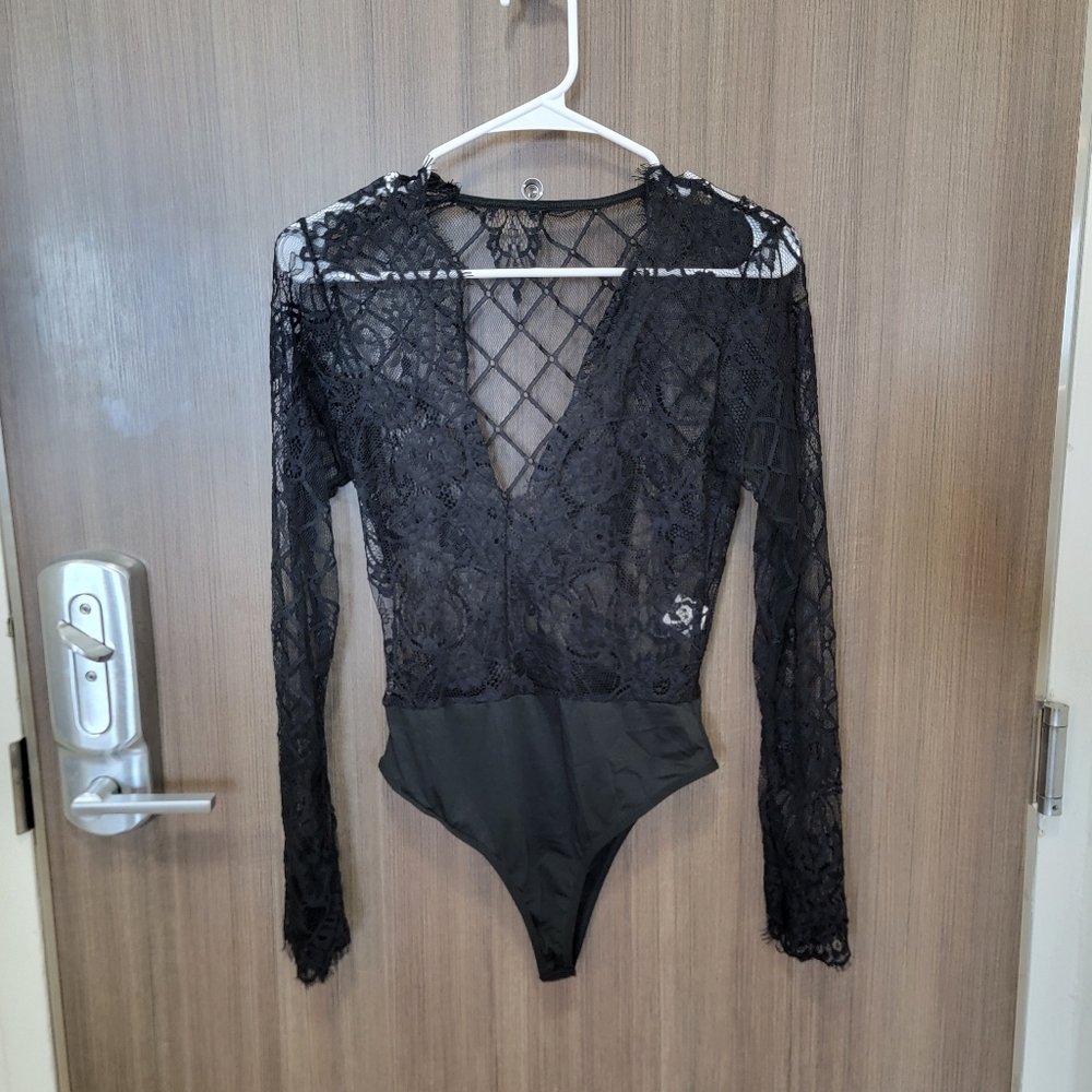 Black lace Women BODYSUIT sexy see-through top blouse Sz SMALL